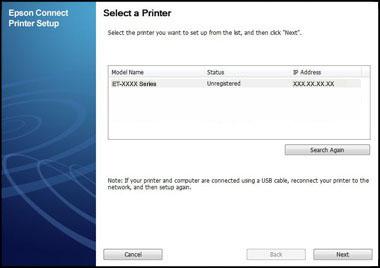 Epson Connect Printer Setup Select a Printer window