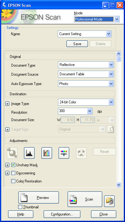 epson scanner software no setting