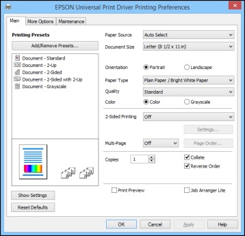 Selecting Default Print Settings Epson Universal Print Driver Windows