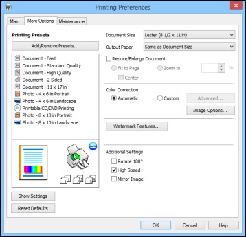 Print Options Menu Selecting Additional Layout and Print Options - Windows