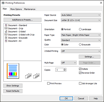 Selecting Basic Print Settings - Epson Universal Print Driver - Windows