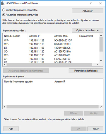Ajout d'imprimantes réseau - Epson Universal Print Driver - Windows
