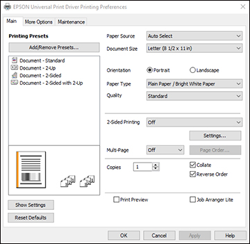 Selecting Default Print Settings - Epson Universal Print Driver - Windows