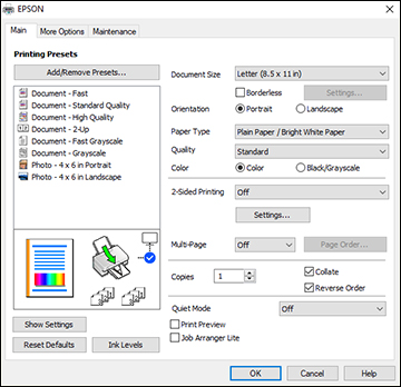 Selecting Settings on the Paper Tab