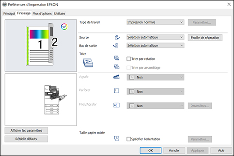 Sélection des options de finition - Windows