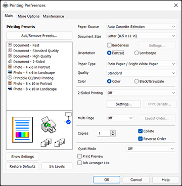 Selecting Settings on the Main Tab