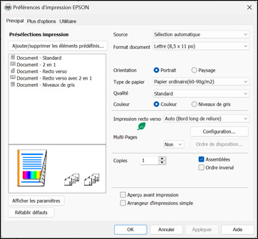 Sélection des paramètres d'impression - Epson Universal Print Driver ...