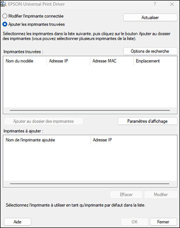 Ajout d'imprimantes réseau - Epson Universal Print Driver - Windows