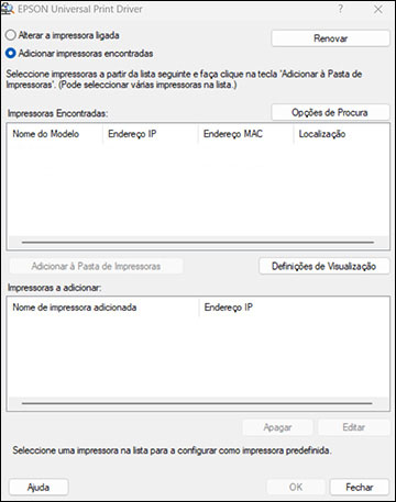 Adição de impressoras de rede - Epson Universal Print Driver - Windows