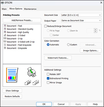 Selecting Additional Layout and Print Options - Windows
