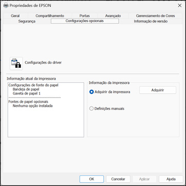Sincronização das configurações da impressora - Driver PCL - Windows