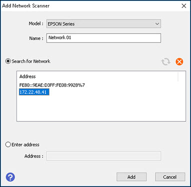 Add Network Scanner window with IP address highlighted