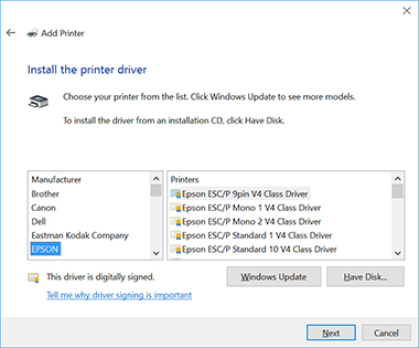 Add Printer window with an EPSON Class Driver highlighted