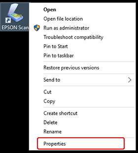 EPSON Scan window with the Properties selection highlighted