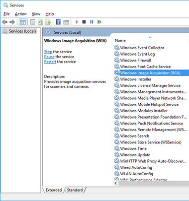 Services window with Windows Image Acquisition (WIA) highlighted