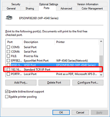 TCPIP Port highlighted on the Ports tab in the Printer properties window