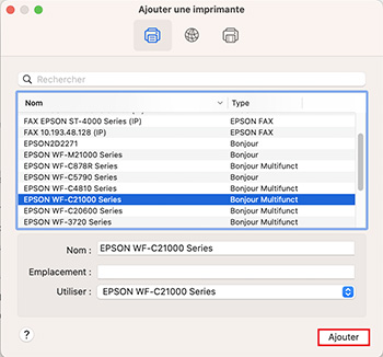 Écran Ajouter une imprimante