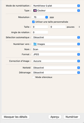 Écran d'options de numérisation