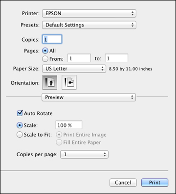 selecting basic print settings mac os x using window on mac