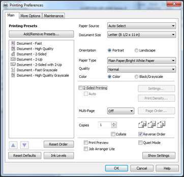 Selecting Basic Print Settings - Standard EPSON Printer Software - Windows