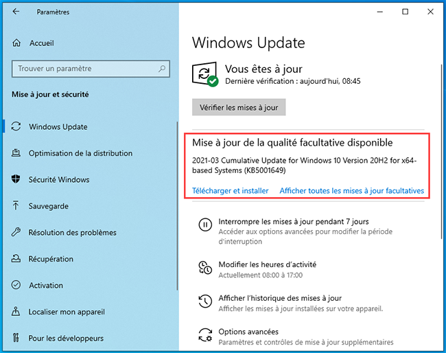 &Eacute;cran de la mise &agrave; jour de logiciel Windows 10