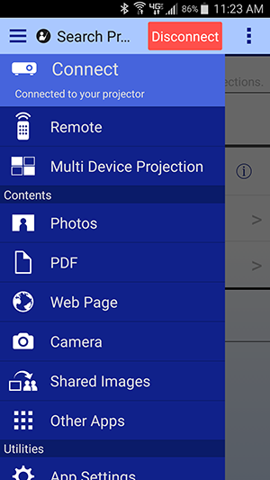 iProjection for android menu