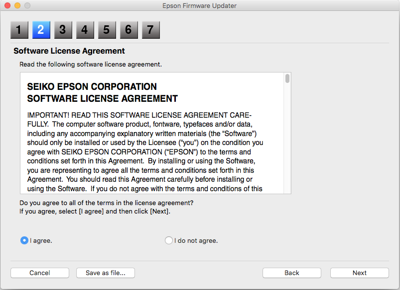 Epson Firmware Updater Software License Agreement with I agree bubble selected