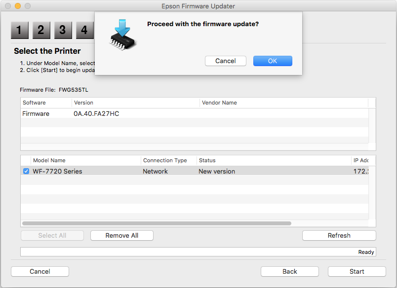 Epson Firmware Updater window with message that reads Proceed with the firmware update? and OK button selected