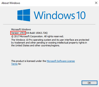 About Windows 10 window with OS version selected